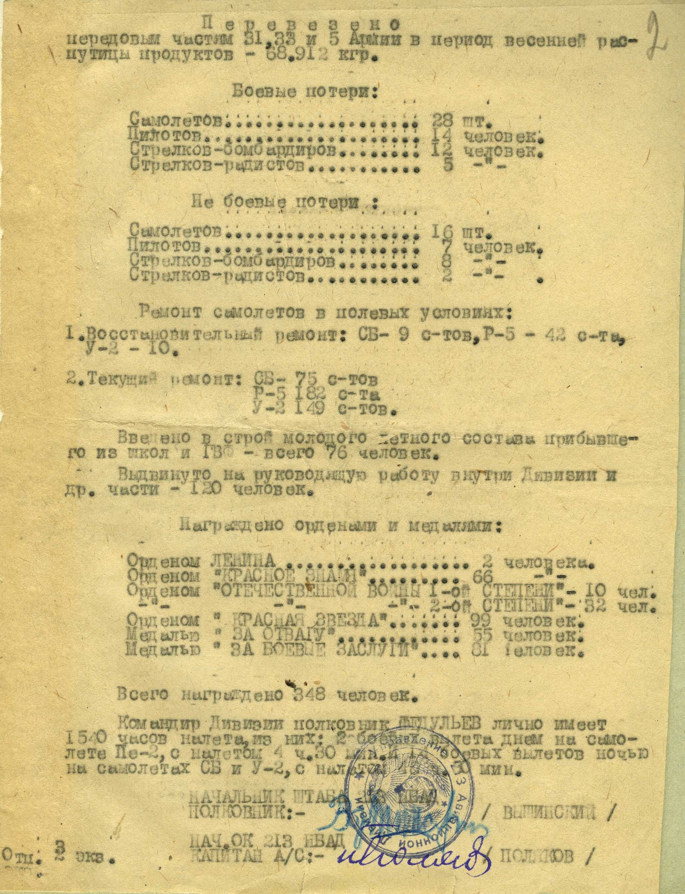 ГАТО. Ф. Р-1296. Оп. 1. Д. 12. Л. 2. Справка о боевой работе 213 ночной бомбардировочной авиационной дивизии за период с 25.05.1942 г. по 15.05.1943 г.